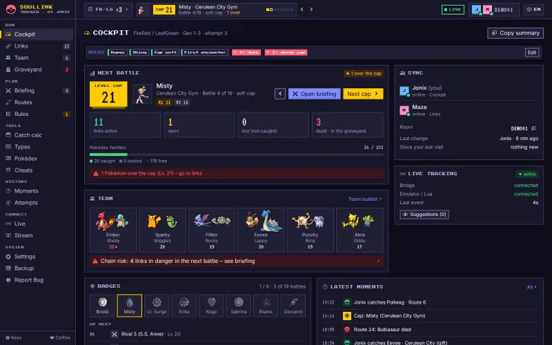 The app at a glance: the sidebar with the groups RUN, PLAN, TOOLS, HISTORY, CONNECT and SYSTEM on the left, the header with game, level cap and room at the top, the cockpit in the middle