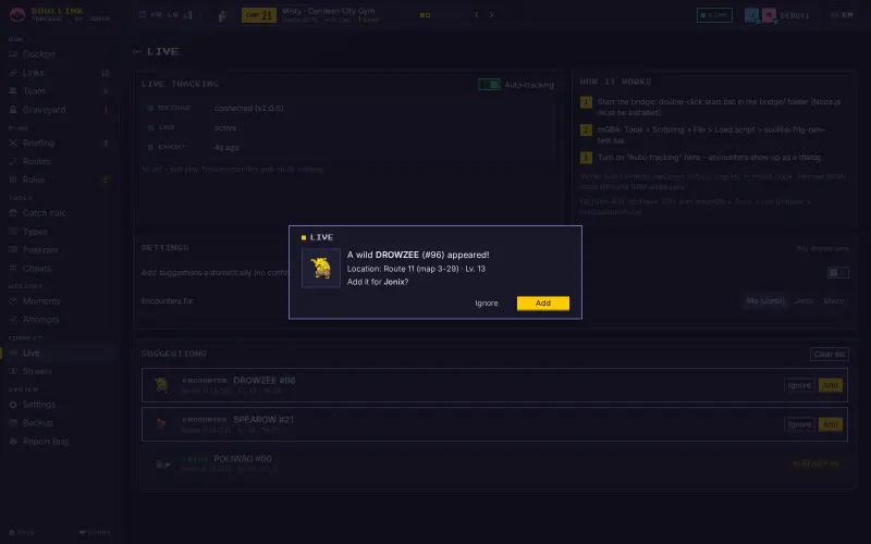 LIVE tab with the bridge connected and the script active, on top a suggestion dialog for a wild encounter