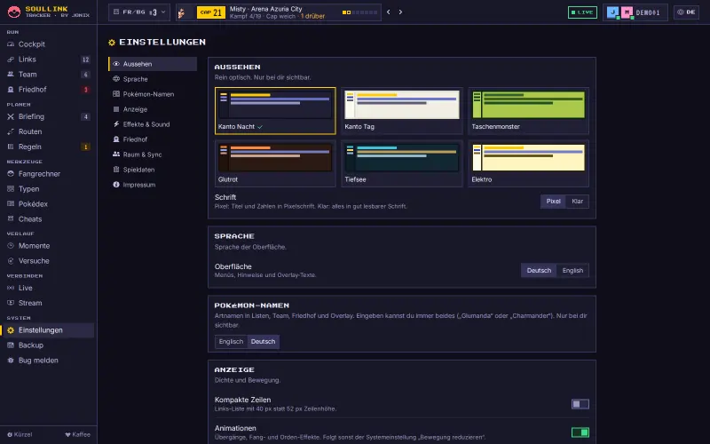 Einstellungen, Bereich Aussehen: sechs Theme-Kacheln Kanto Nacht, Kanto Tag, Taschenmonster, Glutrot, Tiefsee und Elektro, darunter Sprache und Pokémon-Namen