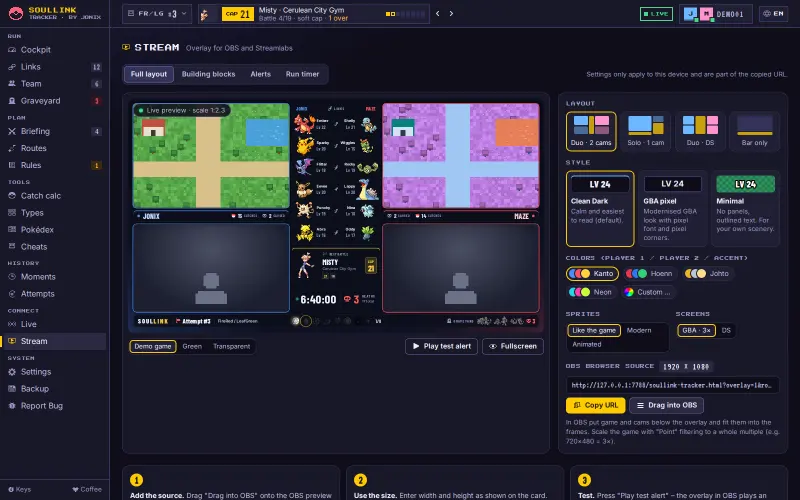 Stream tab: live preview of the duo overlay, on the right layout, style, colours, sprites and the OBS address with the buttons Copy URL and Drag into OBS