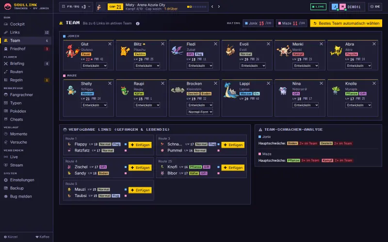 Team-Builder mit je sechs Pokémon für Jonix und Maze, darunter die verfügbaren Links mit Einfügen-Knopf und die Team-Schwächen-Analyse