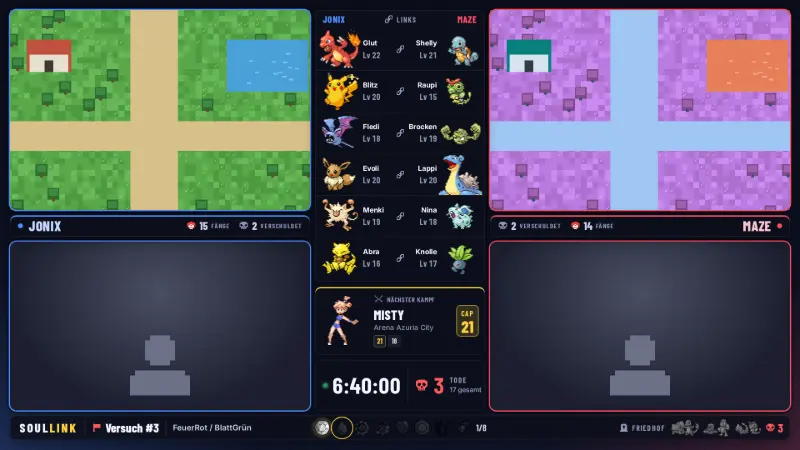 OBS-Overlay im Duo-Layout, Stil Clean Dark: zwei Spielbilder, Links, nächster Kampf, Run-Timer und Friedhof